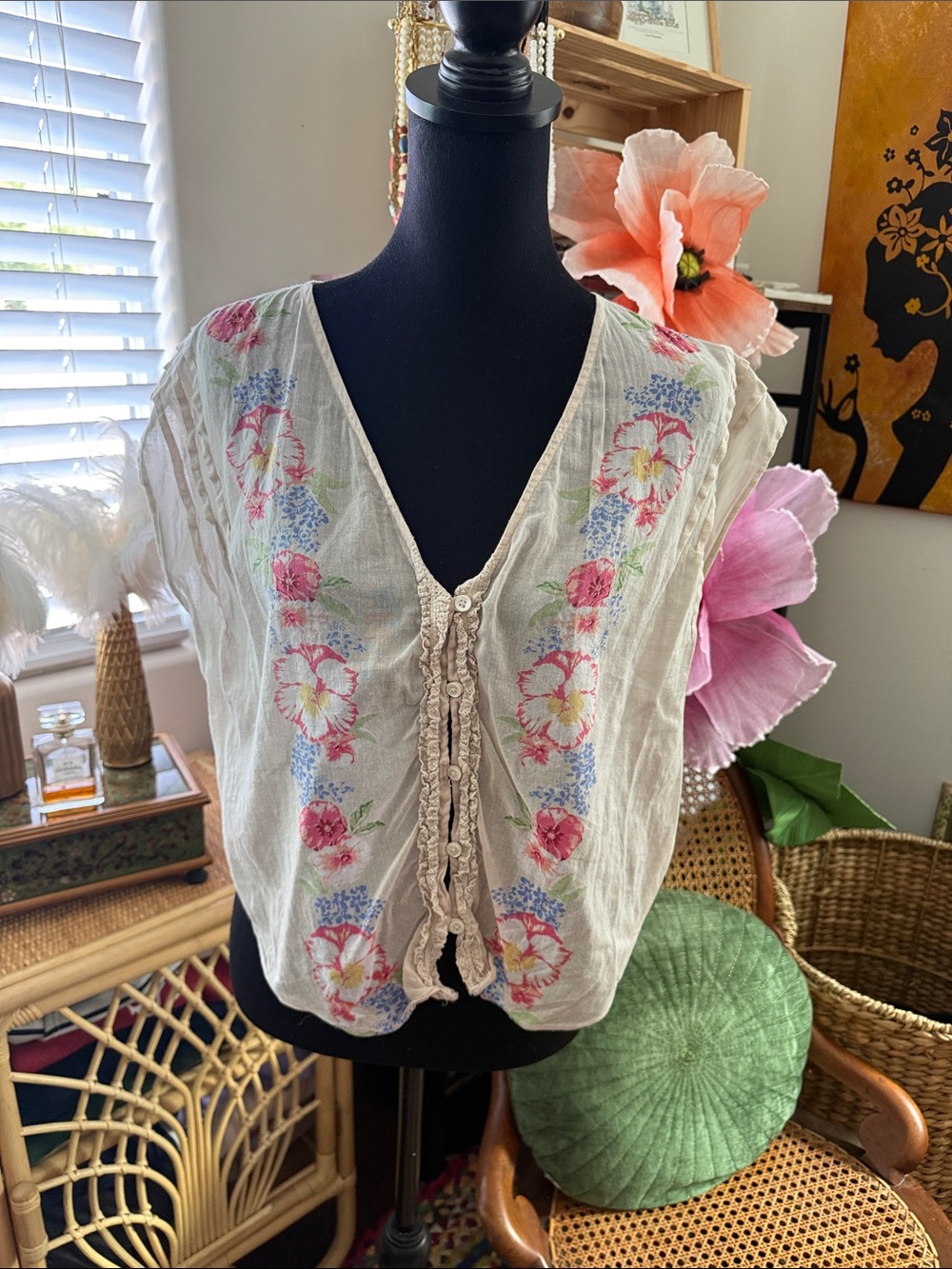 Free People Vintage Gardenia Natural Floral Combo Boho Hippie Garden Cottage Top
